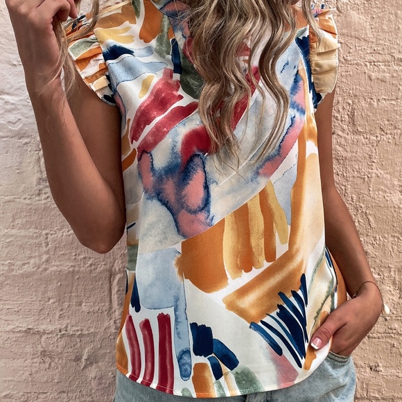 Multicolor Water Color Ruffle Sleeve Top - Picture 3 of 4